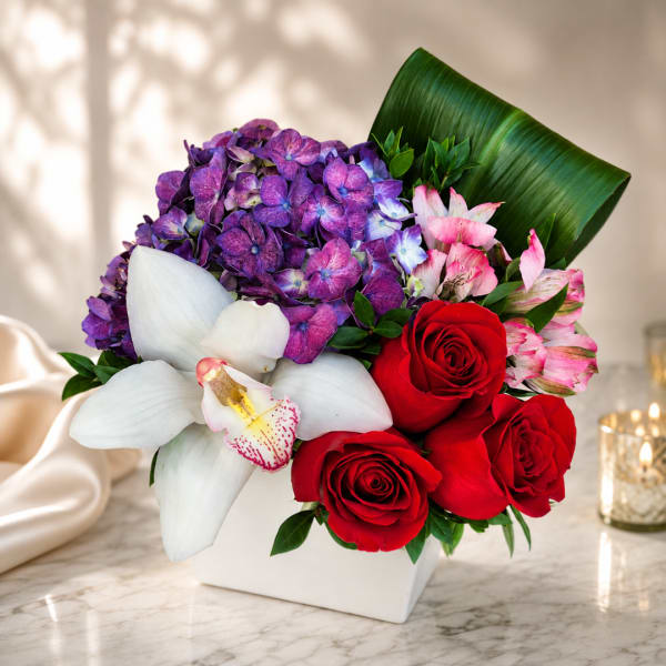 Bouquet of red roses, purple hydrangeas, white orchids, and pink alstroemeria in a white vase
