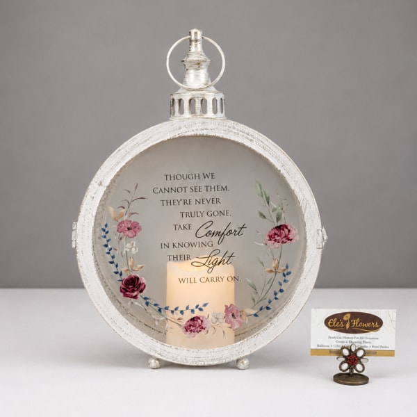 Decorative lantern with a candle and sympathy message