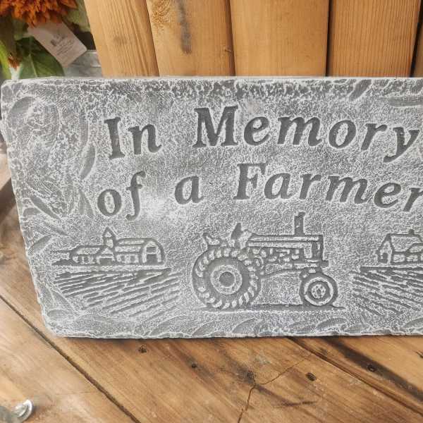 "In memory of a Farmer" cement memorial stone with stand