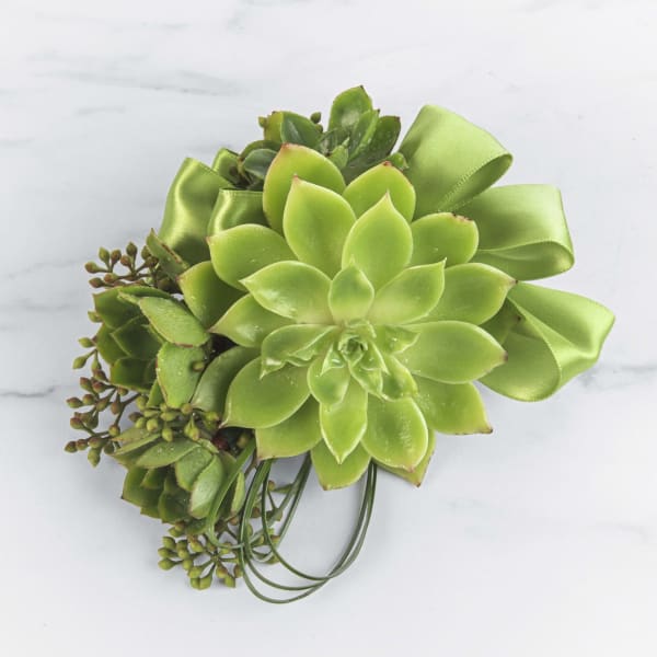 Green succulent corsage with ribbon and buds on a light marble surface
