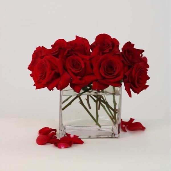 Red roses arranged in a clear square glass vase with scattered petals