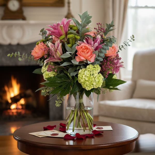 Bouquet of pink and coral flowers in a clear glass vase