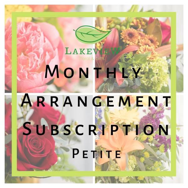 Promotional graphic for a monthly petite flower arrangement subscription.