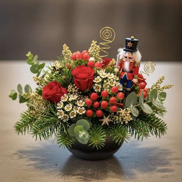 Holiday arrangement with red roses and a nutcracker figurine in a black bowl