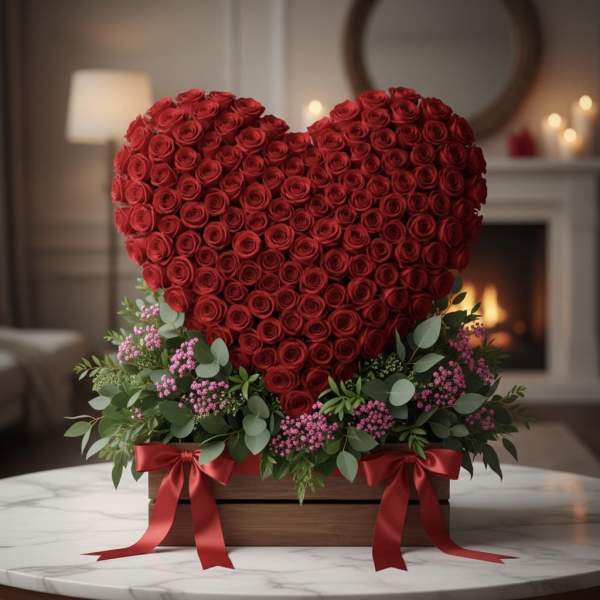 Heart-shaped arrangement of red roses in a wooden box with red ribbons