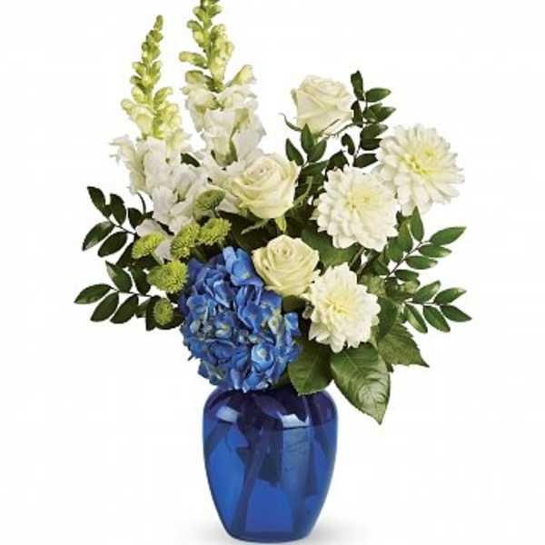 White flowers and blue hydrangea in a cobalt vase