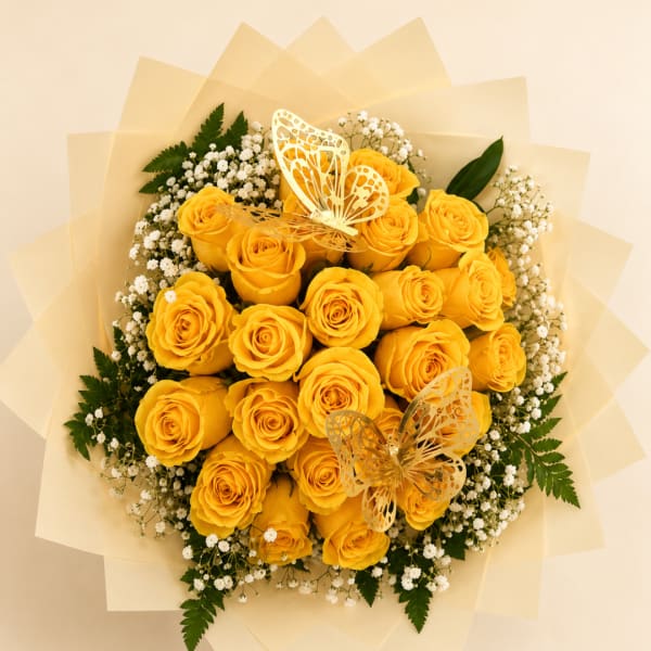 Bouquet of yellow roses with baby's breath and butterfly decorations