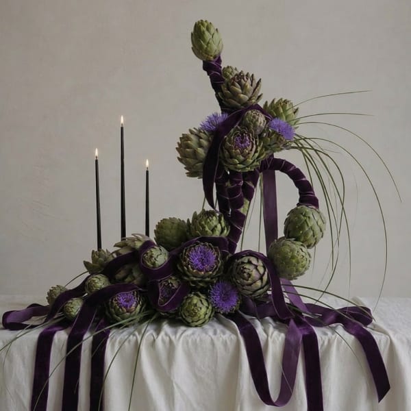 Artistic arrangement of artichokes with purple ribbon and candles