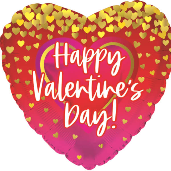 Heart-shaped Valentine’s Day balloon with gold hearts and text