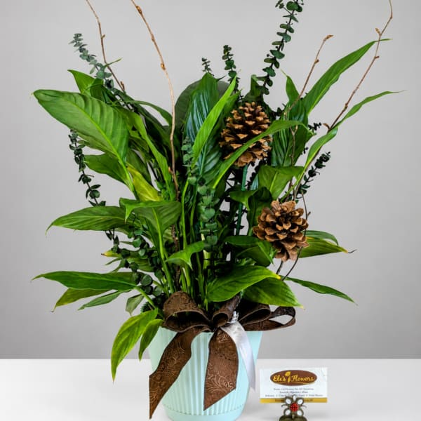 Tall green arrangement in a light blue vase with pinecones and ribbon