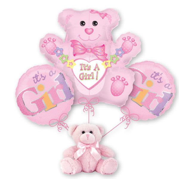 Pink baby girl balloon bouquet with a teddy bear at the bottom