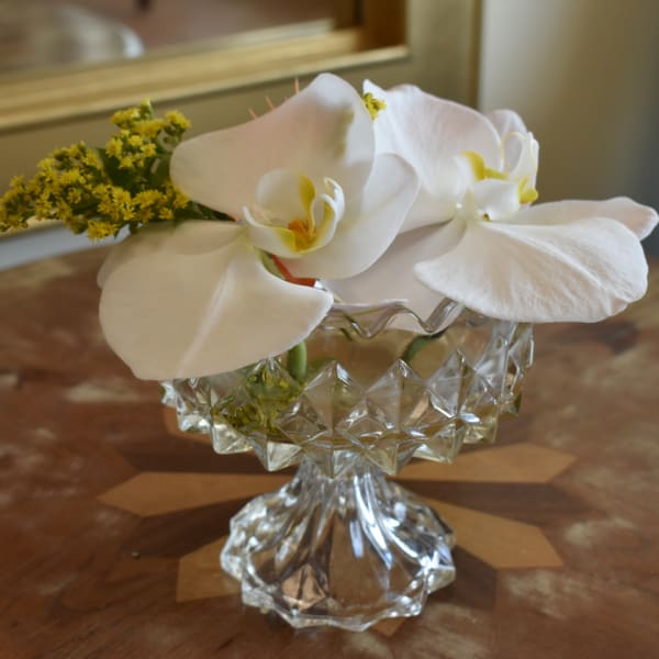 White orchids arranged in a cut-glass vase with small yellow filler flowers