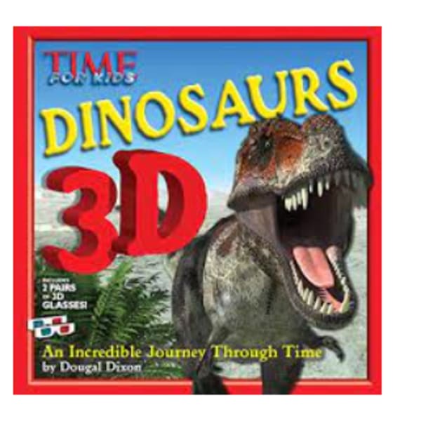A dinosaur book cover with a roaring T. rex and large 3D text
