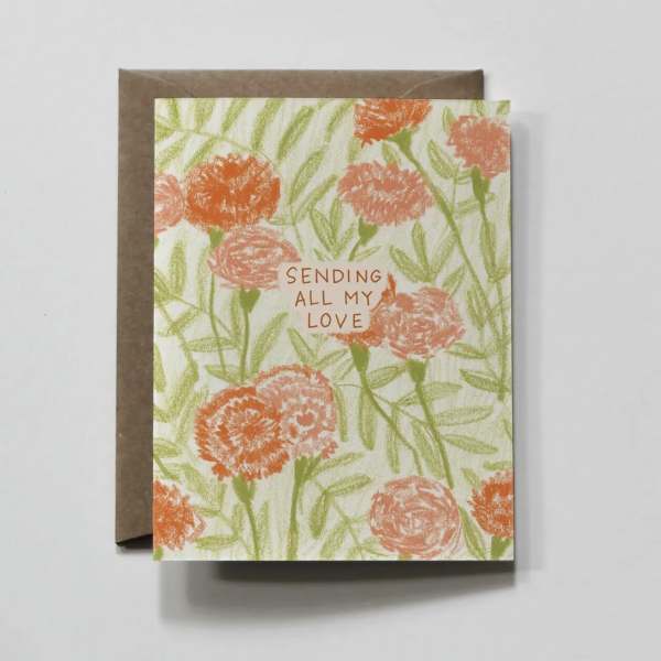 Floral greeting card with orange flowers and the words "Sending All My Love"