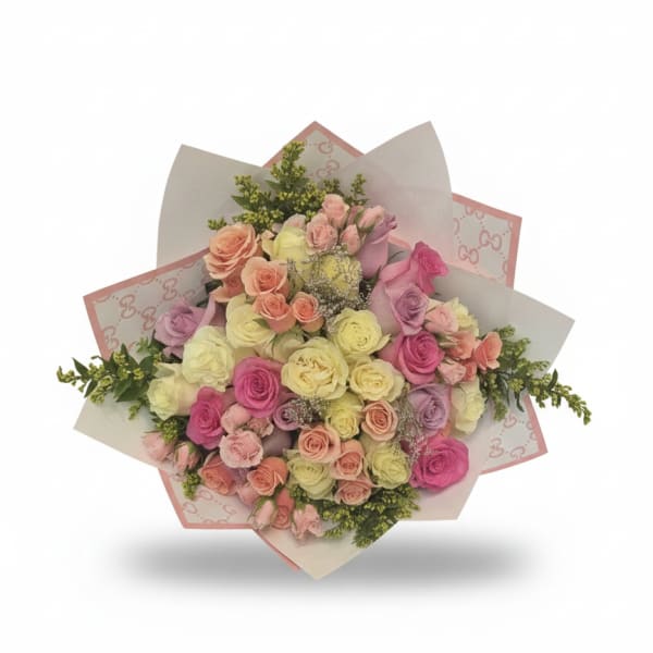 Bouquet of pastel roses wrapped in pink and white paper