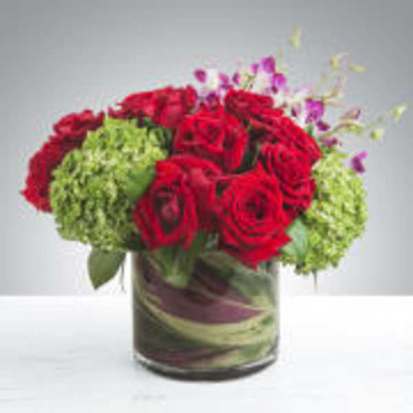 Red roses and green hydrangeas in a glass vase