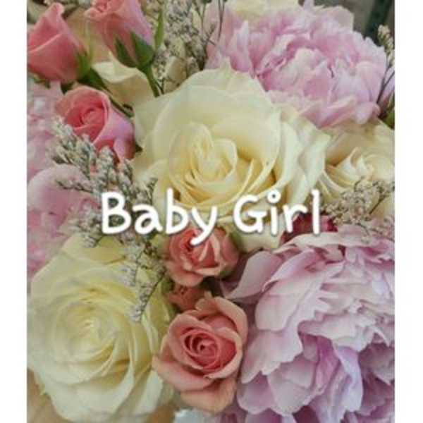 Pink and white roses with pale pink peonies and text reading Baby Girl