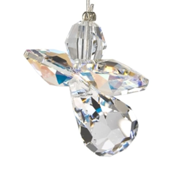 Small faceted crystal angel ornament with a teardrop body and outstretched wings on a hanging cord