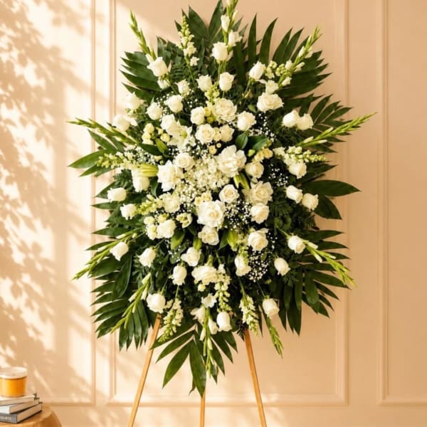 Large white floral standing spray with roses and lilies on an easel