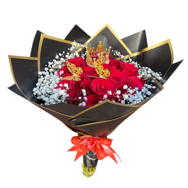 Bouquet of red roses with white baby's breath in black and gold wrap