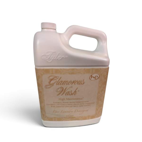 A beige jug of Tyler Glamorous Wash laundry detergent