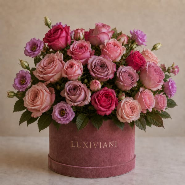 Pink and lavender roses arranged in a round hatbox