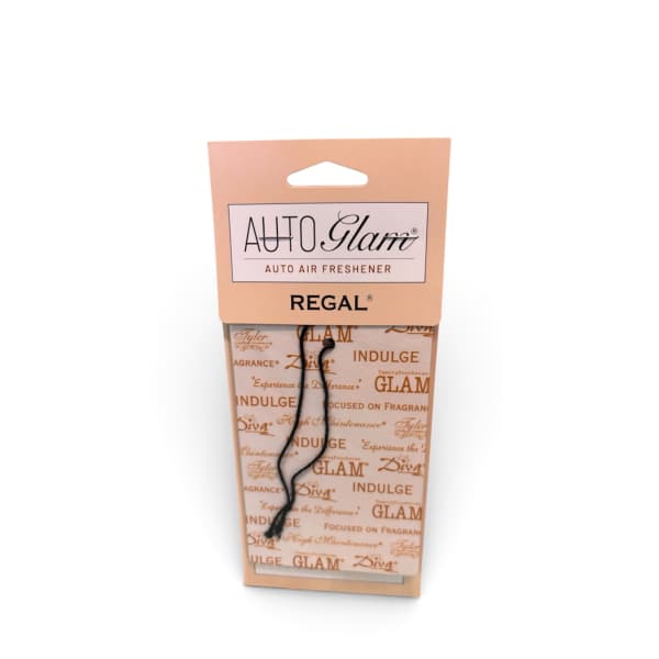 Packaged auto air freshener in peach and beige packaging