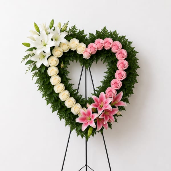 Heart-shaped floral wreath with white lilies, cream and pink roses, and pink lilies
