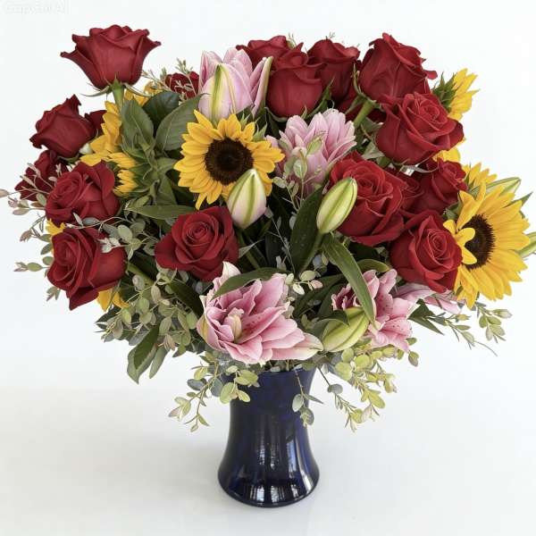 Bouquet of red roses, pink lilies, and sunflowers in a dark vase