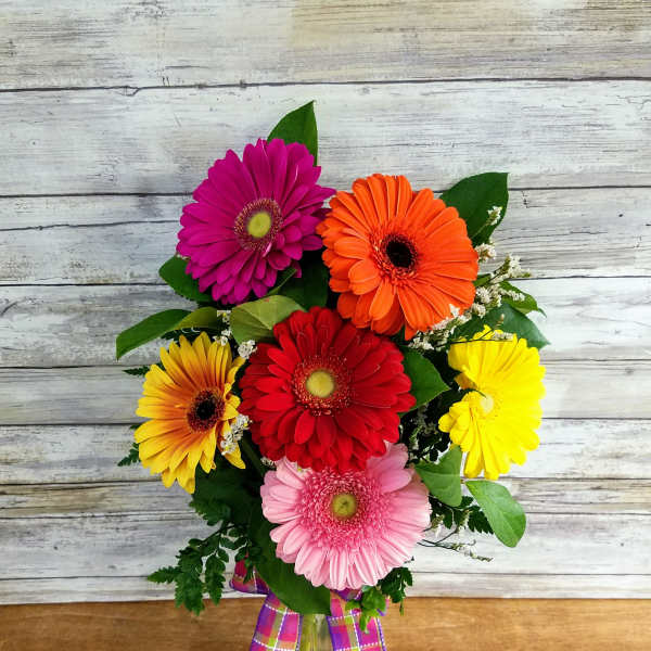 Colorful gerbera daisy bouquet in a glass vase with plaid ribbon