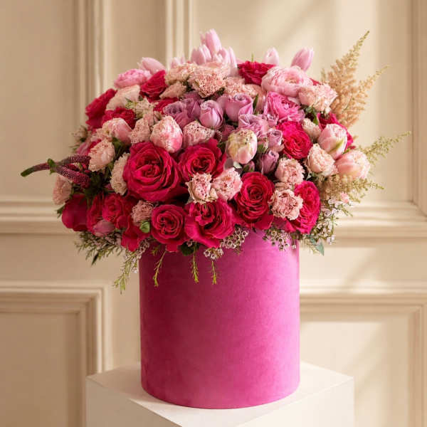 Pink and red rose bouquet in a magenta cylindrical box