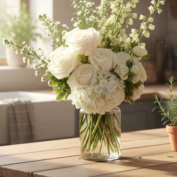 White roses and hydrangeas arranged in a clear glass vase