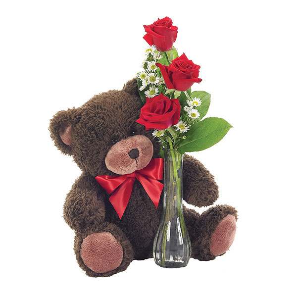 Teddy bear beside a glass vase of red roses and small white flowers