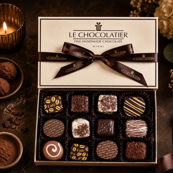 Box of assorted chocolates tied with a brown ribbon