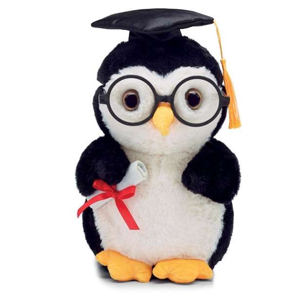 Plush penguin wearing glasses and a graduation cap, holding a diploma