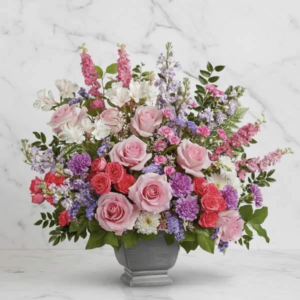 Pink roses and mixed flowers arranged in a gray vase