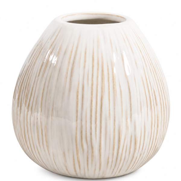 White ceramic vase with thin gold vertical stripes