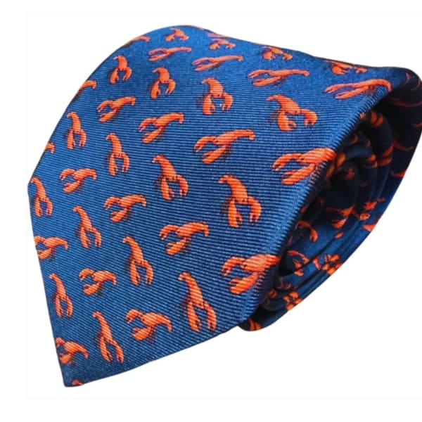 Blue patterned necktie with orange lobster motifs