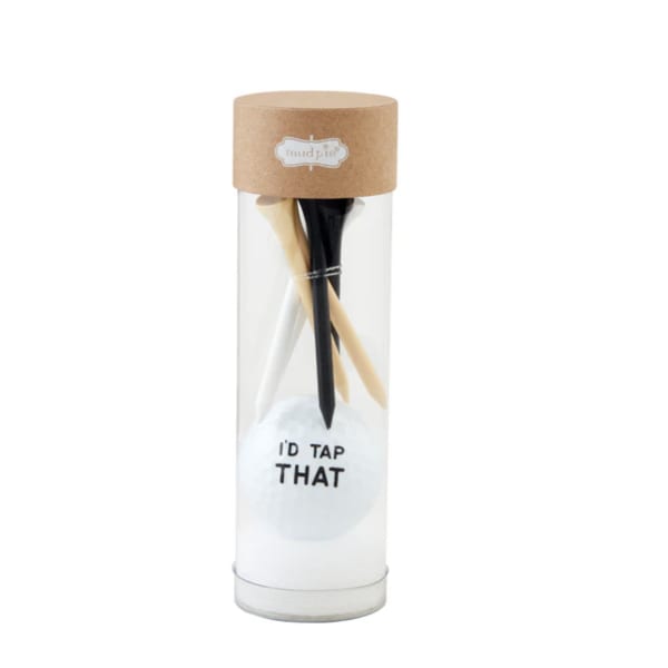 Clear tube gift set with three wooden tap handles and a round white item
