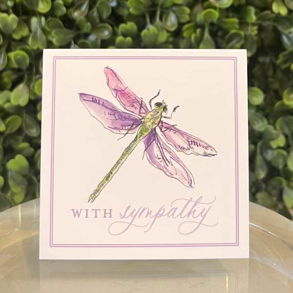 Square sympathy card with watercolor dragonfly and purple text