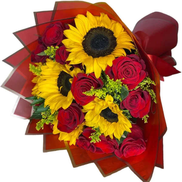Bouquet of red roses and yellow sunflowers wrapped in red paper