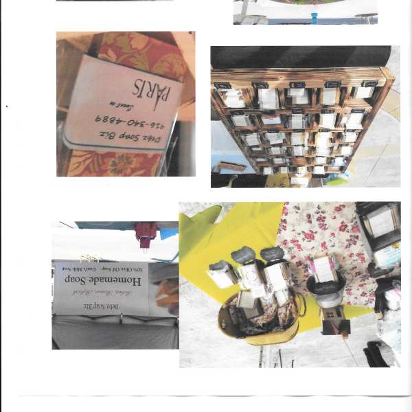 Collage of soap bars and packaged bath products on display