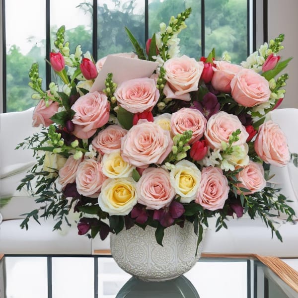 Large bouquet of pale pink and yellow roses in a decorative vase