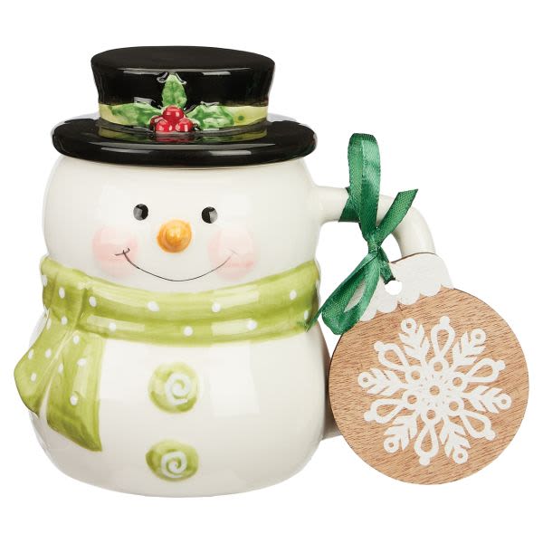 Snowman-shaped ceramic mug with a hanging wooden snowflake tag
