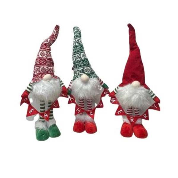 Three Christmas gnome plush decorations with tall hats and white beards