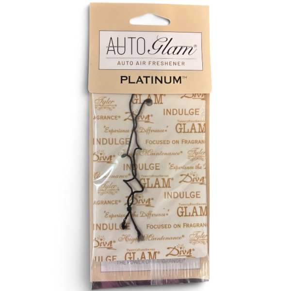 Packaged car air freshener with a beige hanging card and black cord