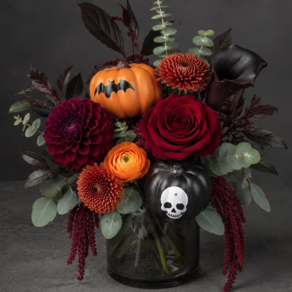 Halloween bouquet with roses, chrysanthemums, and decorative pumpkins in a black vase