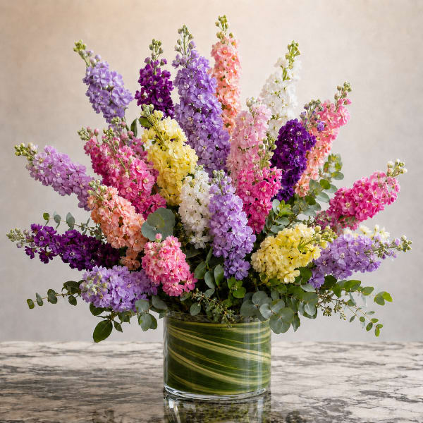 Colorful mixed bouquet in a glass vase with tall purple, pink, white, and yellow blooms
