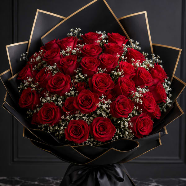 Bouquet of red roses wrapped in black paper with gold trim