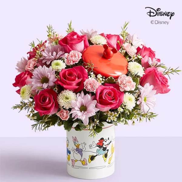 Pink rose bouquet in a Disney character vase with a red lid